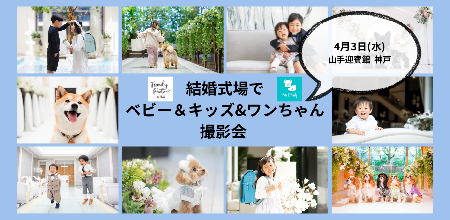 4月3日(水)【神戸】結婚式場でプロカメラマンによるベビー＆キッズ＆ワンちゃん撮影会開催！のアイキャッチ